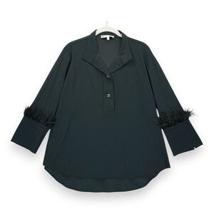 Jude Connally Belinda Top Shirt Black with Feather Cuff Sleeves Size Medium